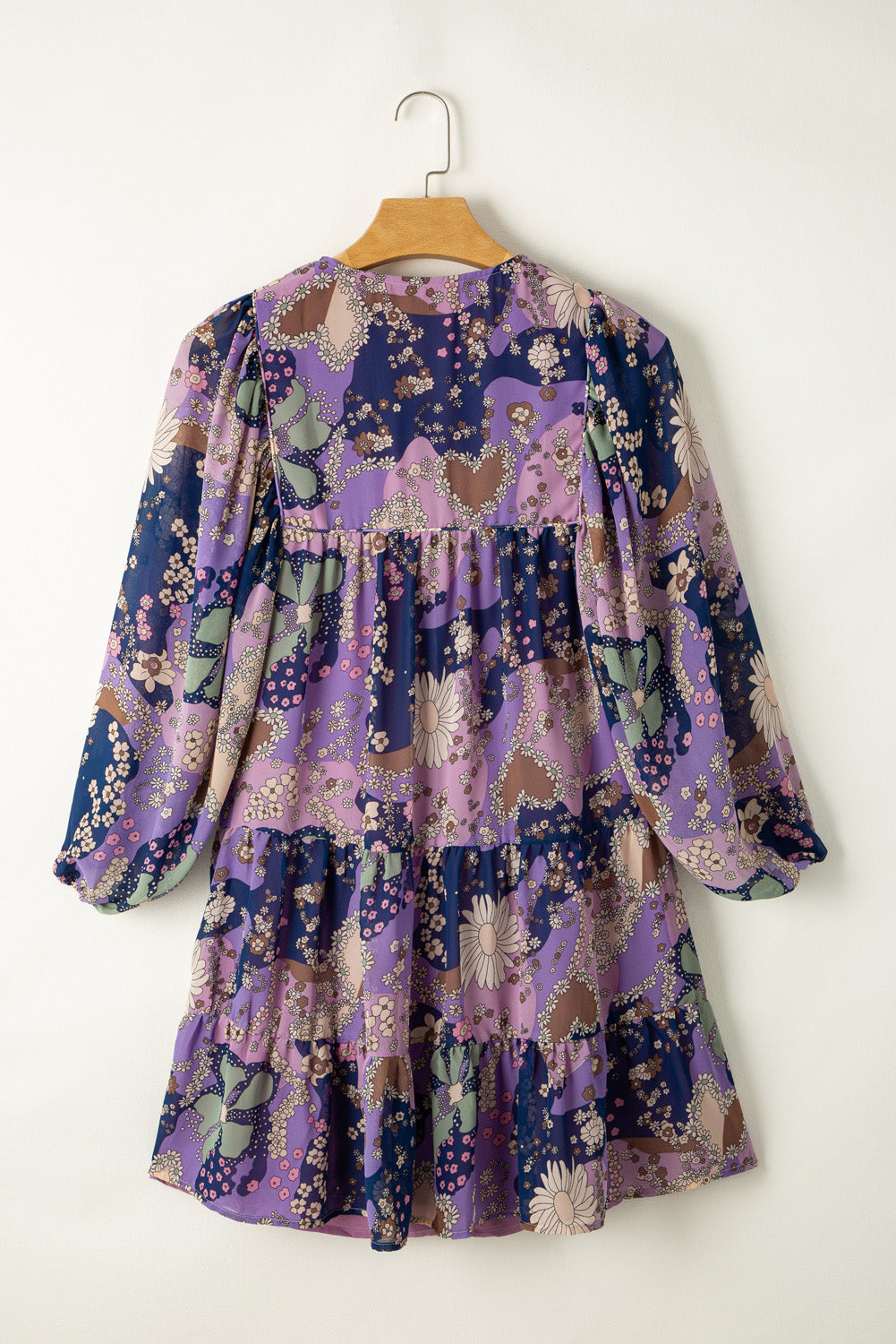 Vintage Daisy Purple Floral Puff Sleeve Ruffle Short Dress