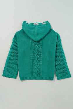 Hooded sweater with contrasting tightening cord in twisted green water knitting