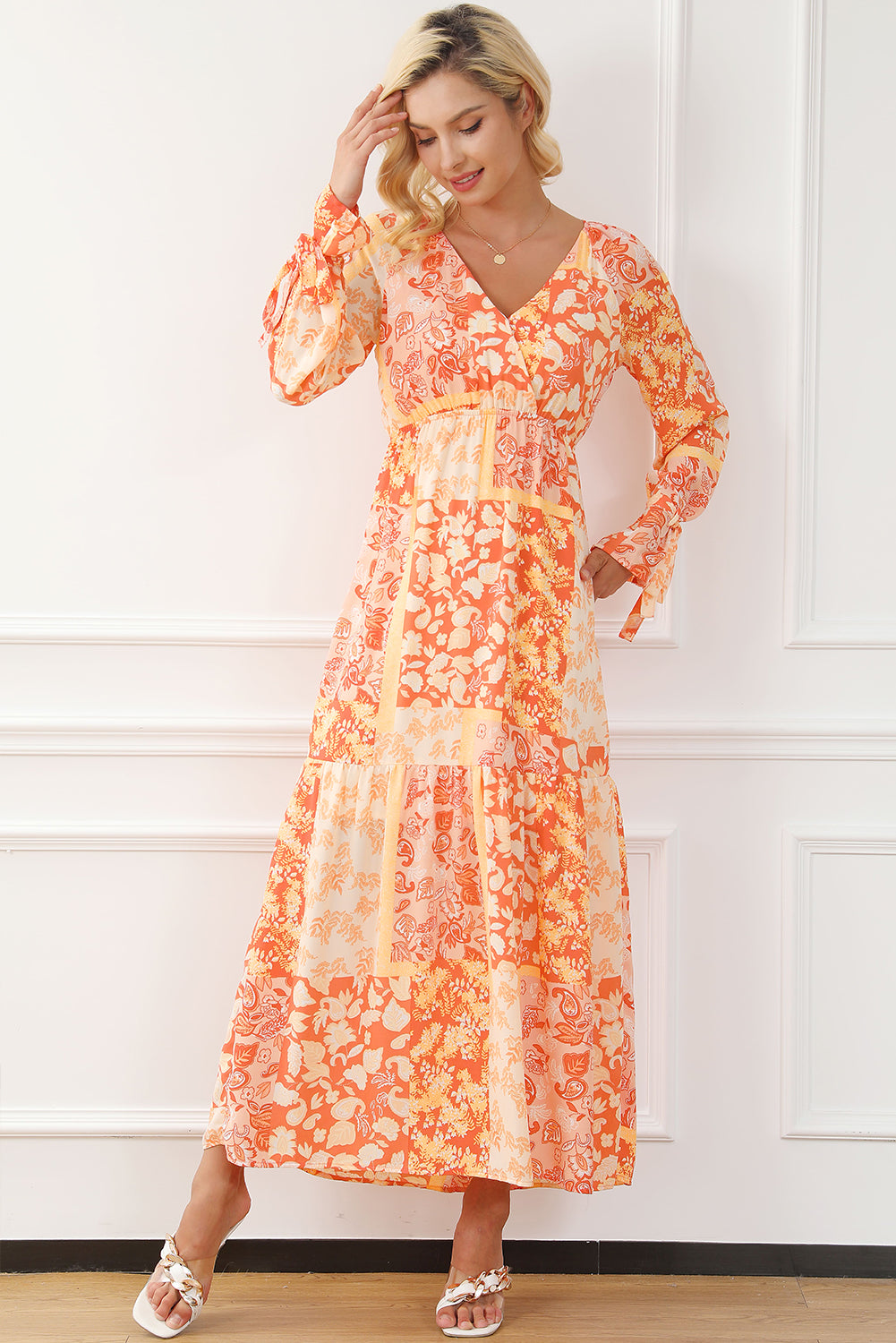 Orange Boho Floral Wrap V Corcha con cuello Vestido de manga larga