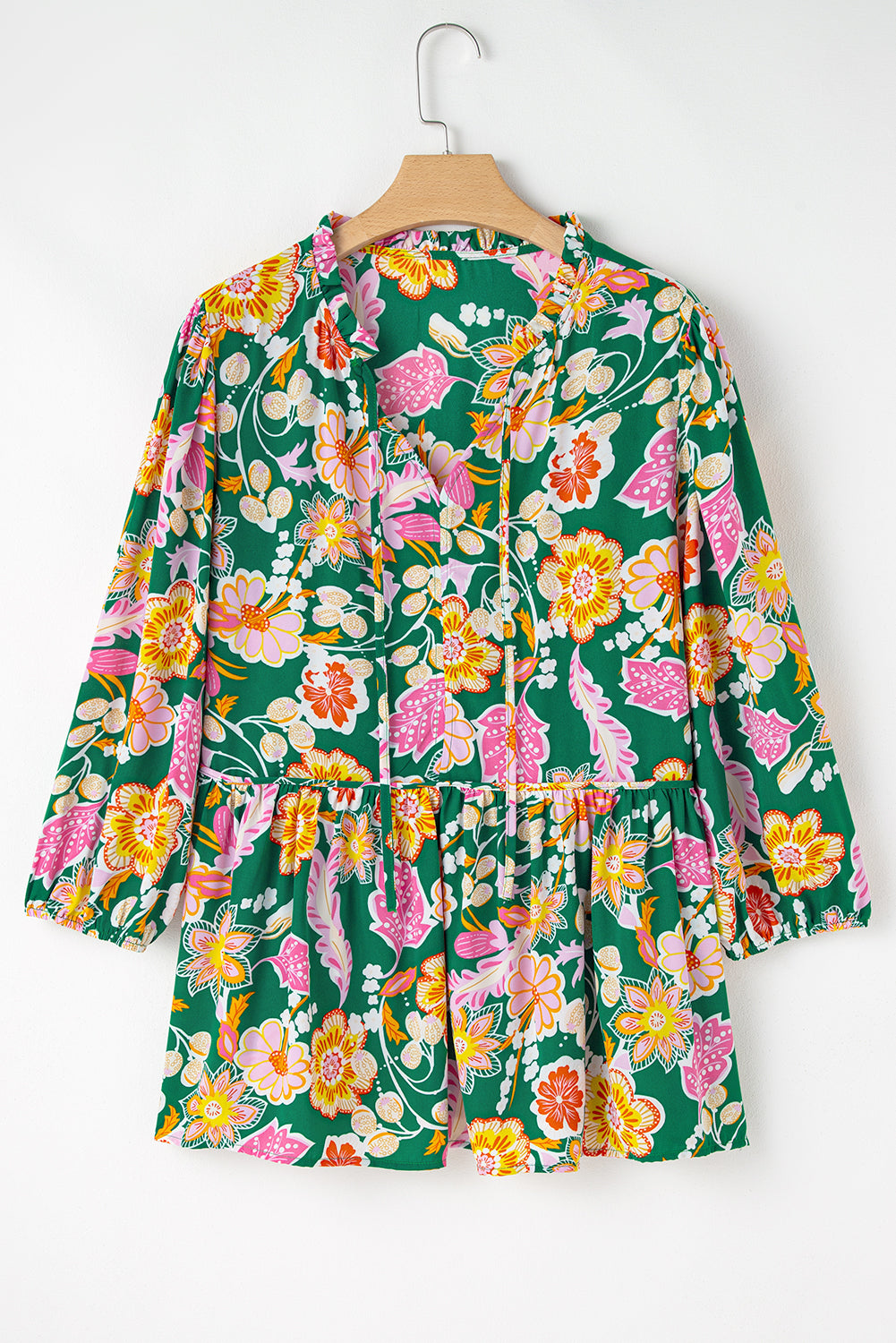 Green Long Sleeve Floral V-Neck Babydoll Top Plus Size