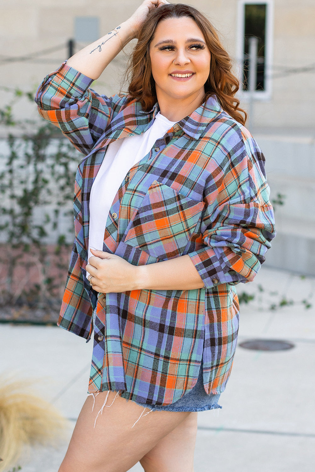 Chemise Boutonnée Imprimée à Carreaux Orange Grande Taille