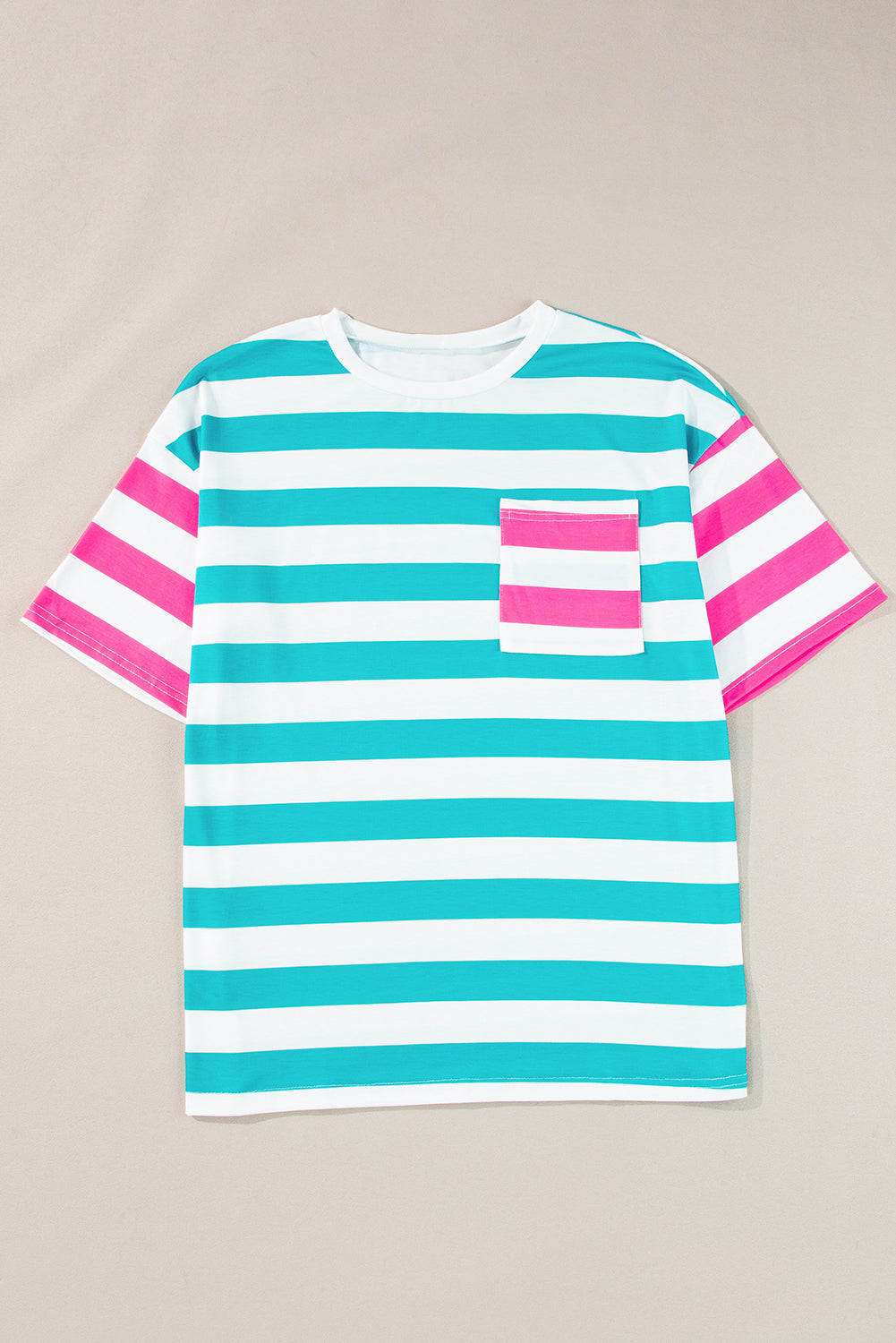 Blue Stripe Contrast Patch Pocket Pocket Drop Sheve T-shirt