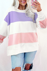 Sudadera beige con cuello redondo y hombros que caen en bloque de color de retazos