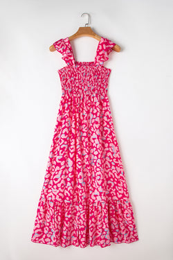 Pink High Waisted Smocked Maxi Dress with Ruffled Straps and Leopard Print