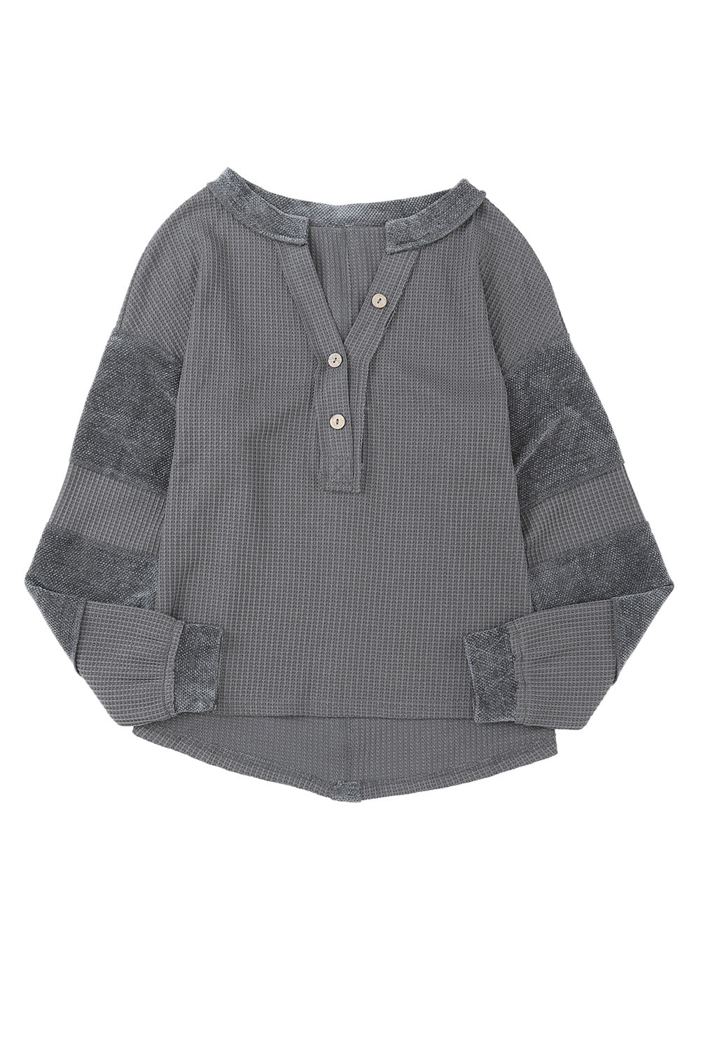 Gray Contrast Patched Exposed Seam Waffle Knit Henley Top