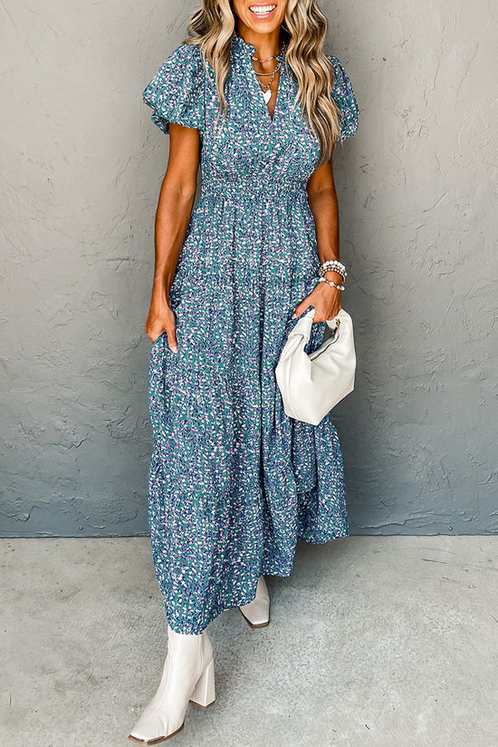 Blue Printed V-Neck Ruched Long Dress with Short Puff Sleeves