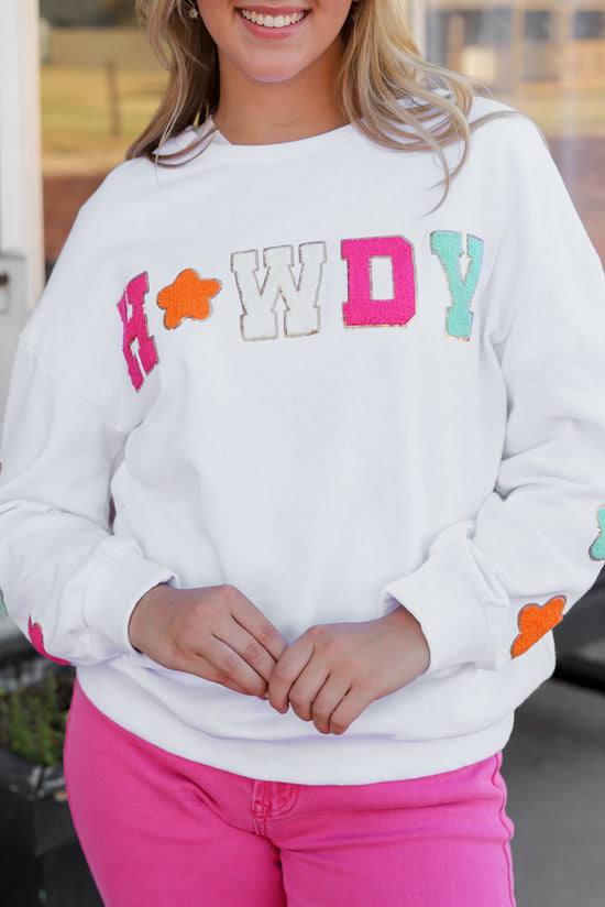 Howdy Glitter Chenille Patch Graphic White Casual Sweatshirt