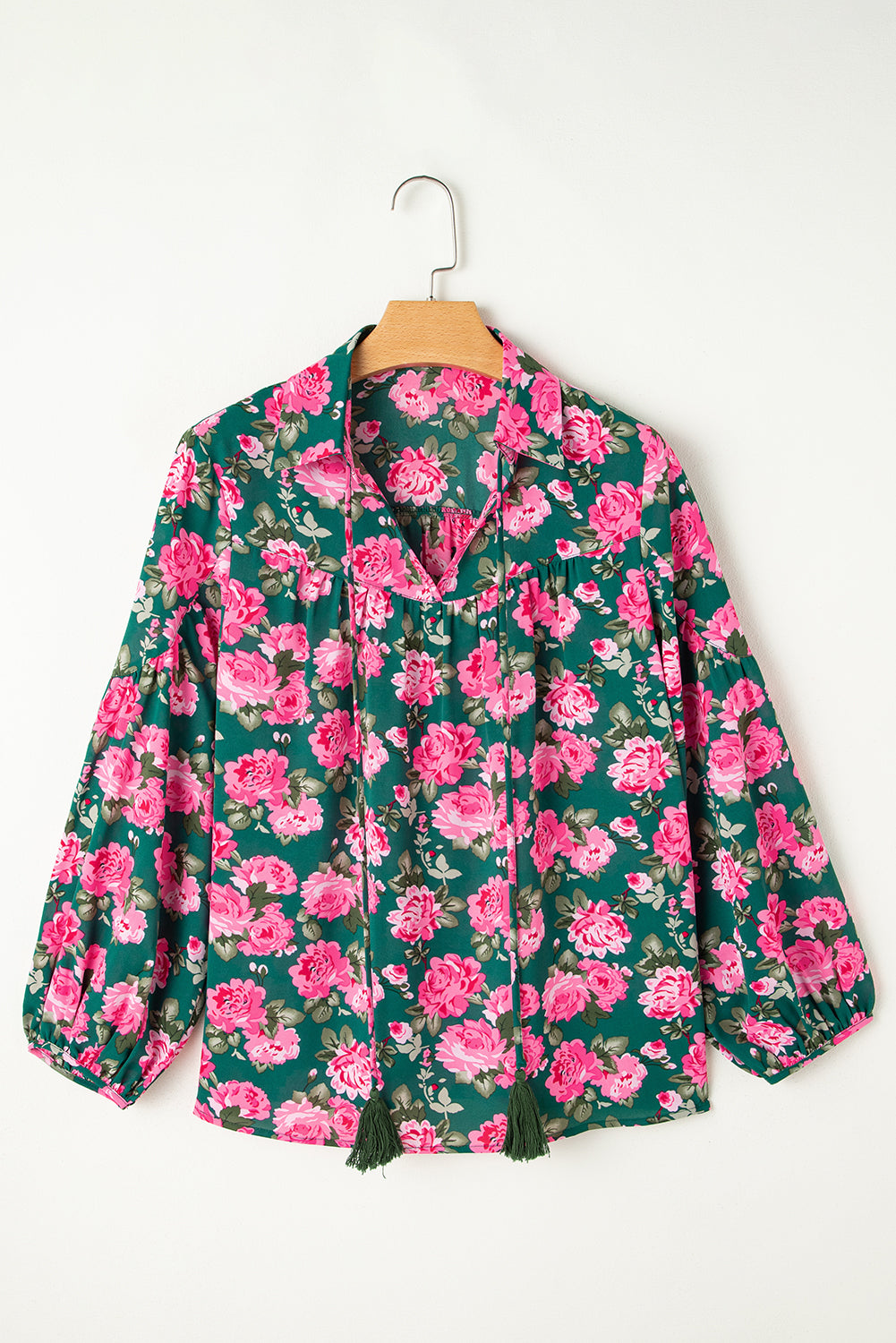Chemisier vert à manches bouffantes et col noué à imprimé floral *-A WOMAN WE LOVE