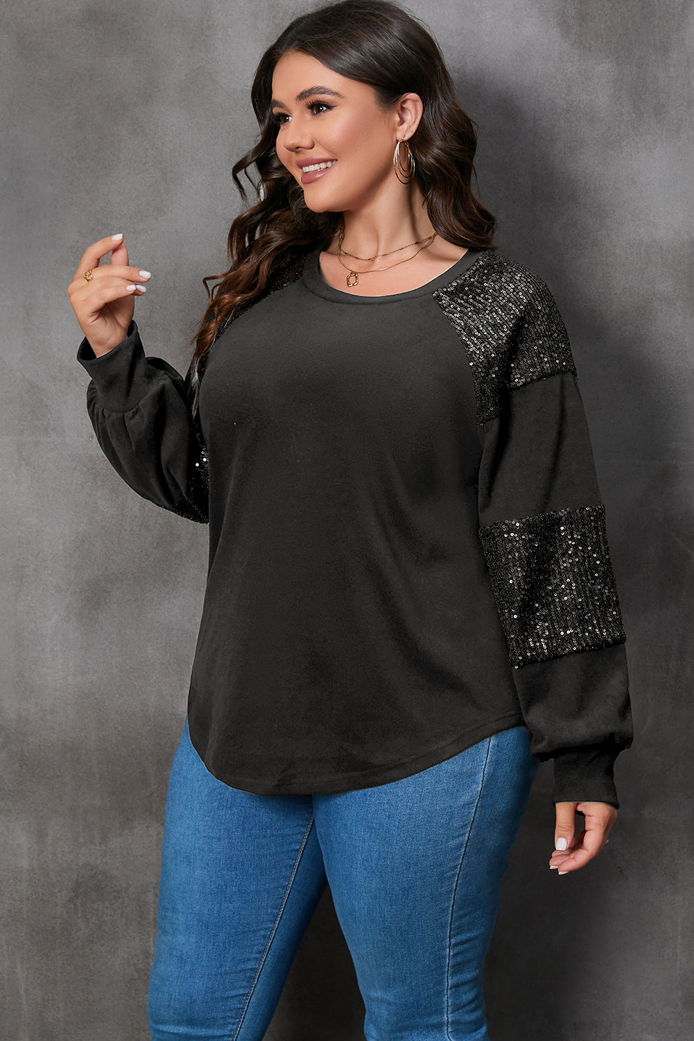 Black Plus size Patchwork Crew Neck Long Sleeve Top