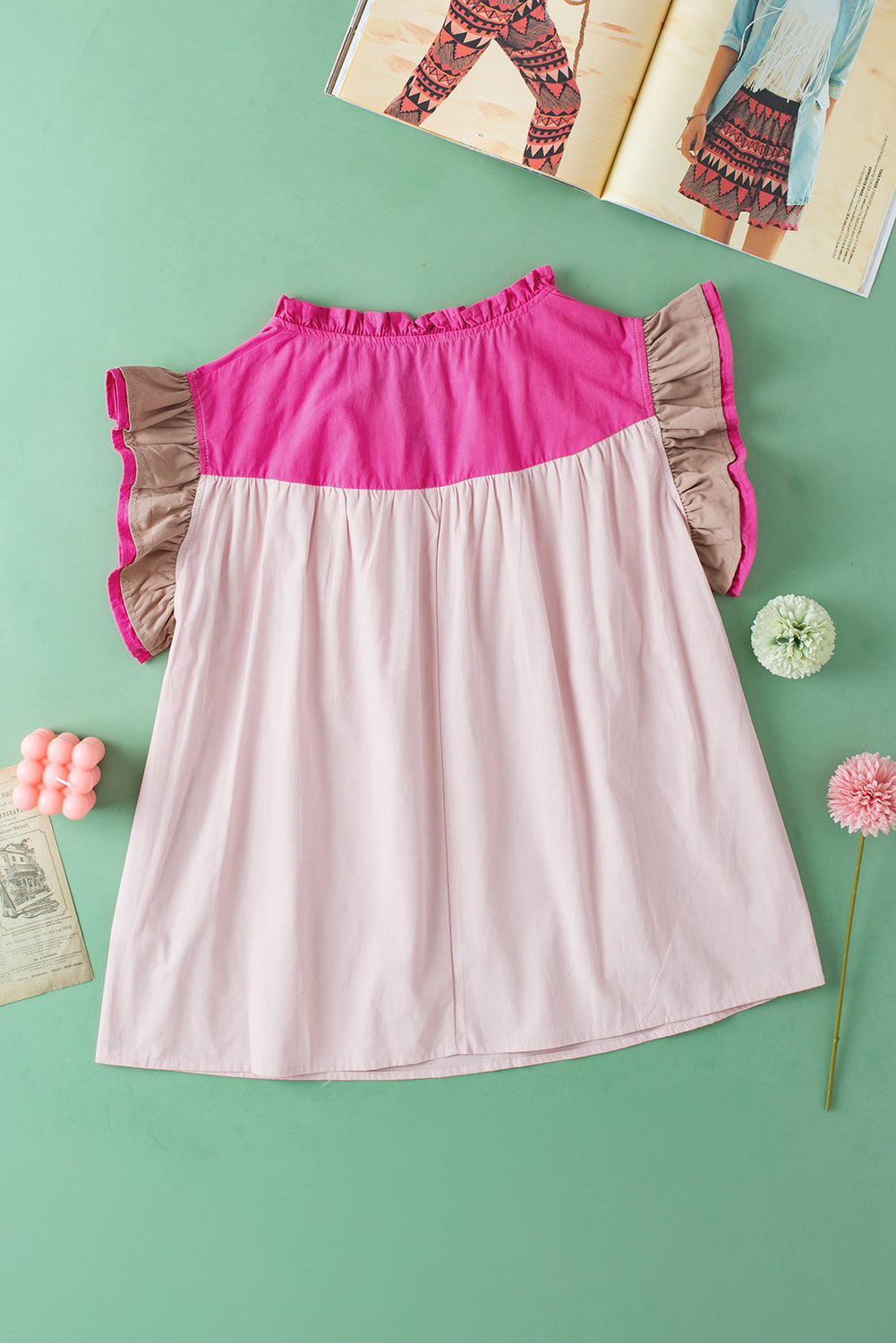 Blusa per collo a v manica a manica arruffato rosa