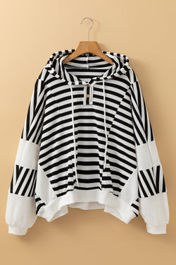 Black and White Oversized Striped Henley Button-Down Dolman Sleeve Hoodie Top