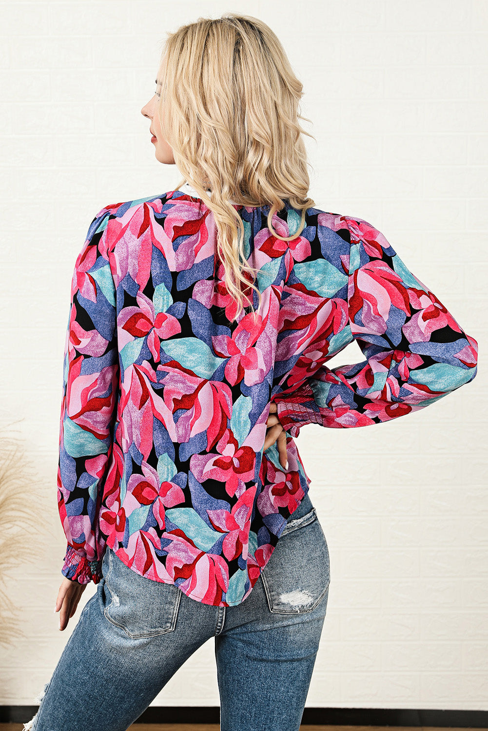 Multicolor Floral Print Ruched Sleeve Puff Sleeve Blouse