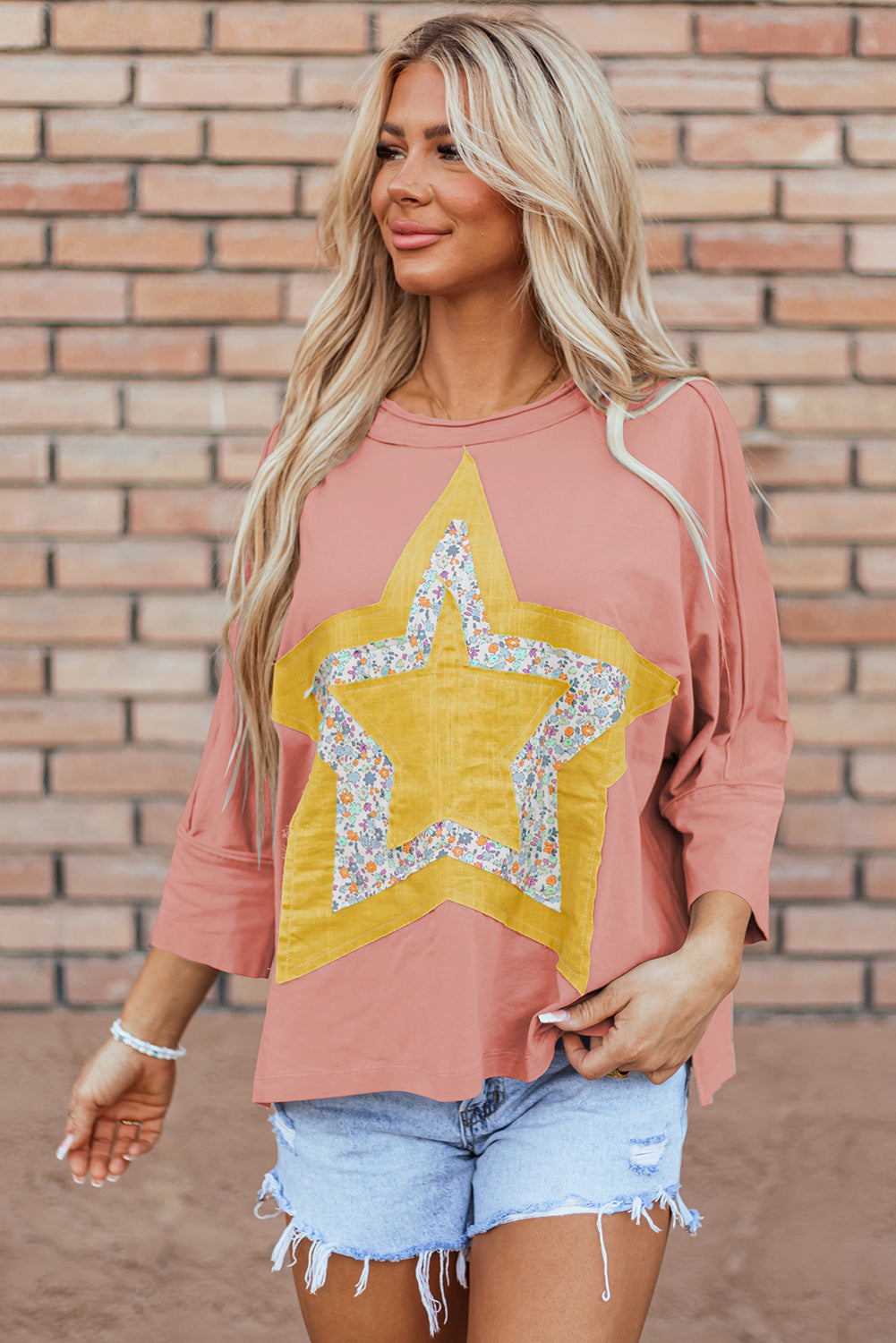 Rose Tan Floral Starbust Exposed Seam Mineral Wash Top