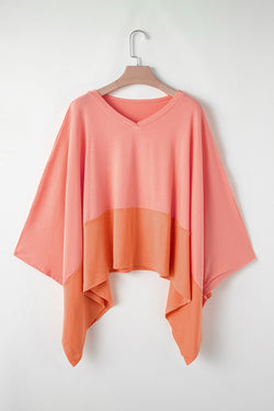 Grapefruit Orange Contrast Color Patchwork Side Slit Oversized Top