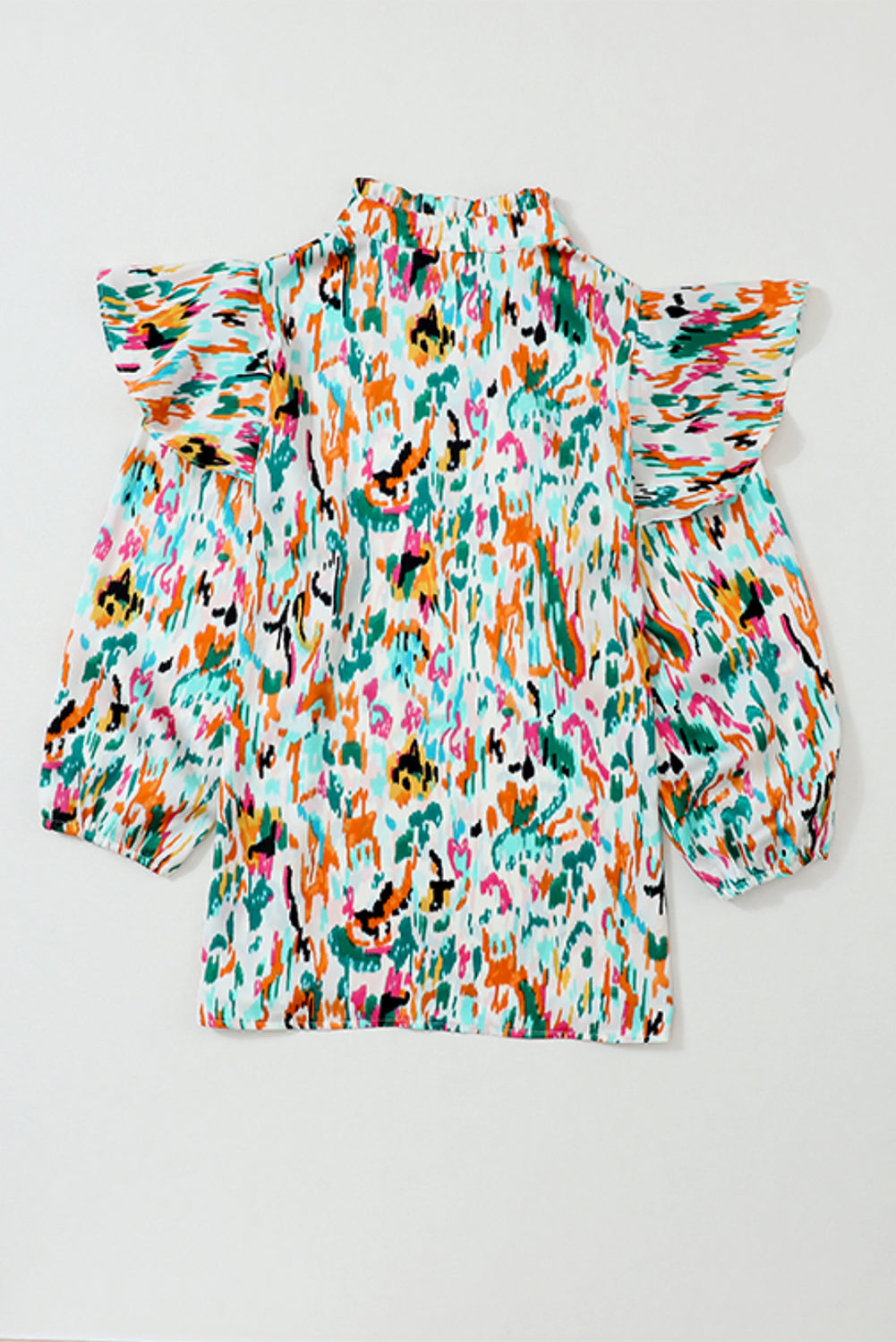 Imprimé abstrait multicolore 3/4 Blouse à volants à manches bouffantes