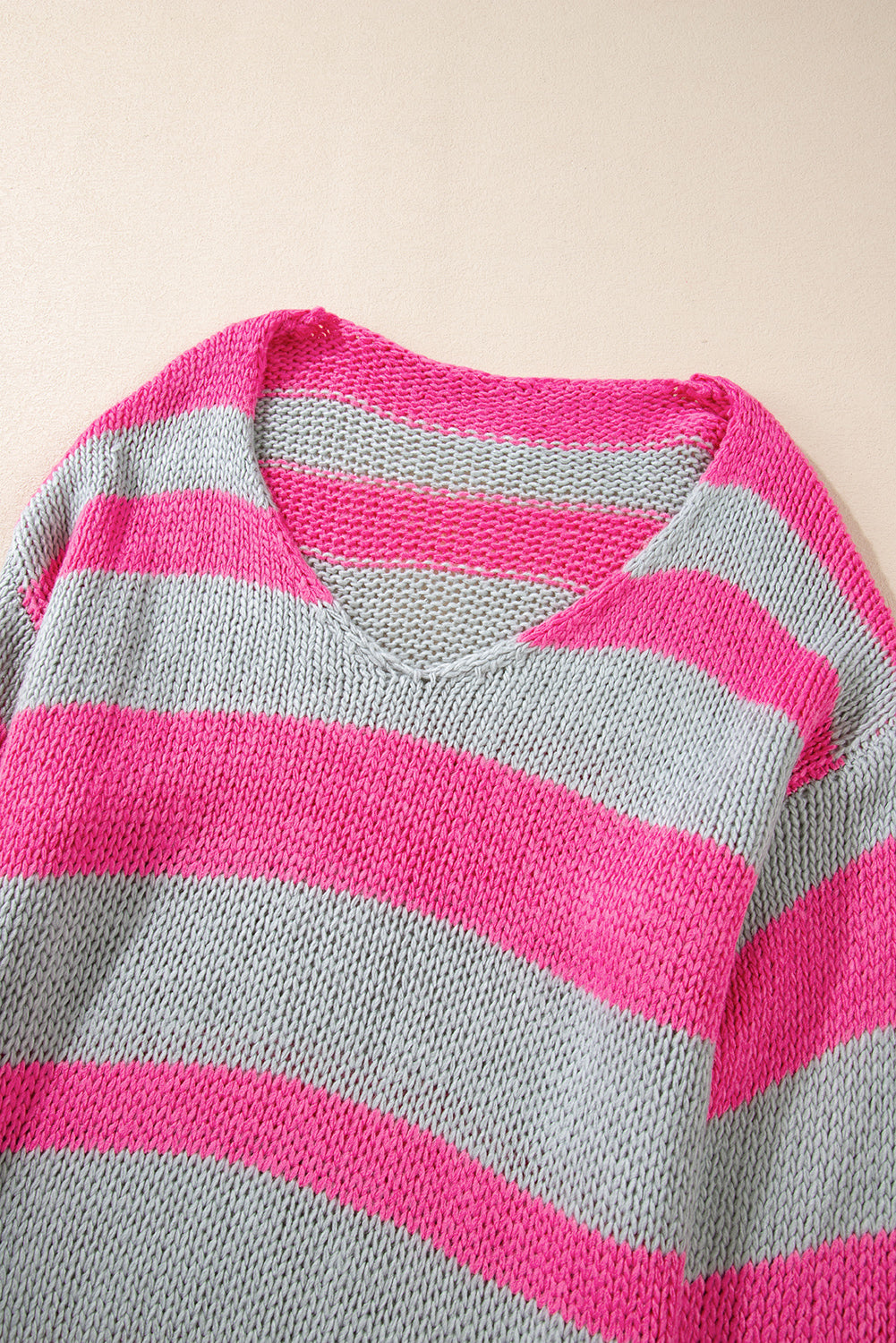 Rose Striped Colorblock Knit V Neck Loose Fit Sweater