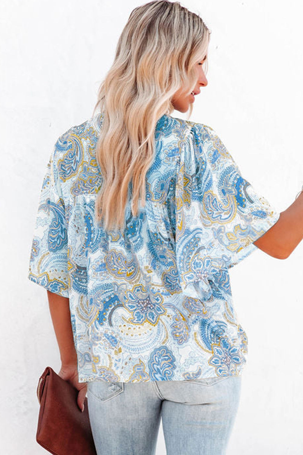 Sky Blue Paisley drucken breite Ärmel lose Bluse