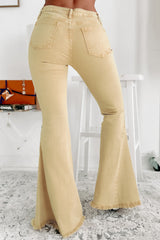 Khaki flared jeans with raw edges, medium size
