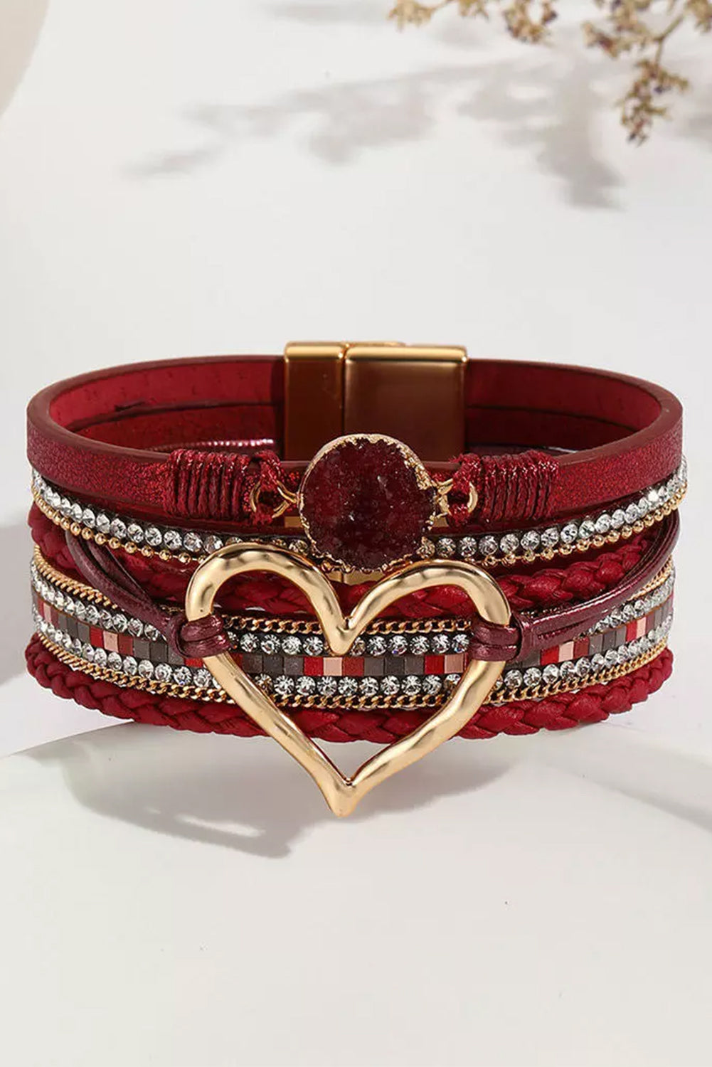 Bracelet superposé en forme de cœur en strass rouge ardent pour la Saint-Valentin