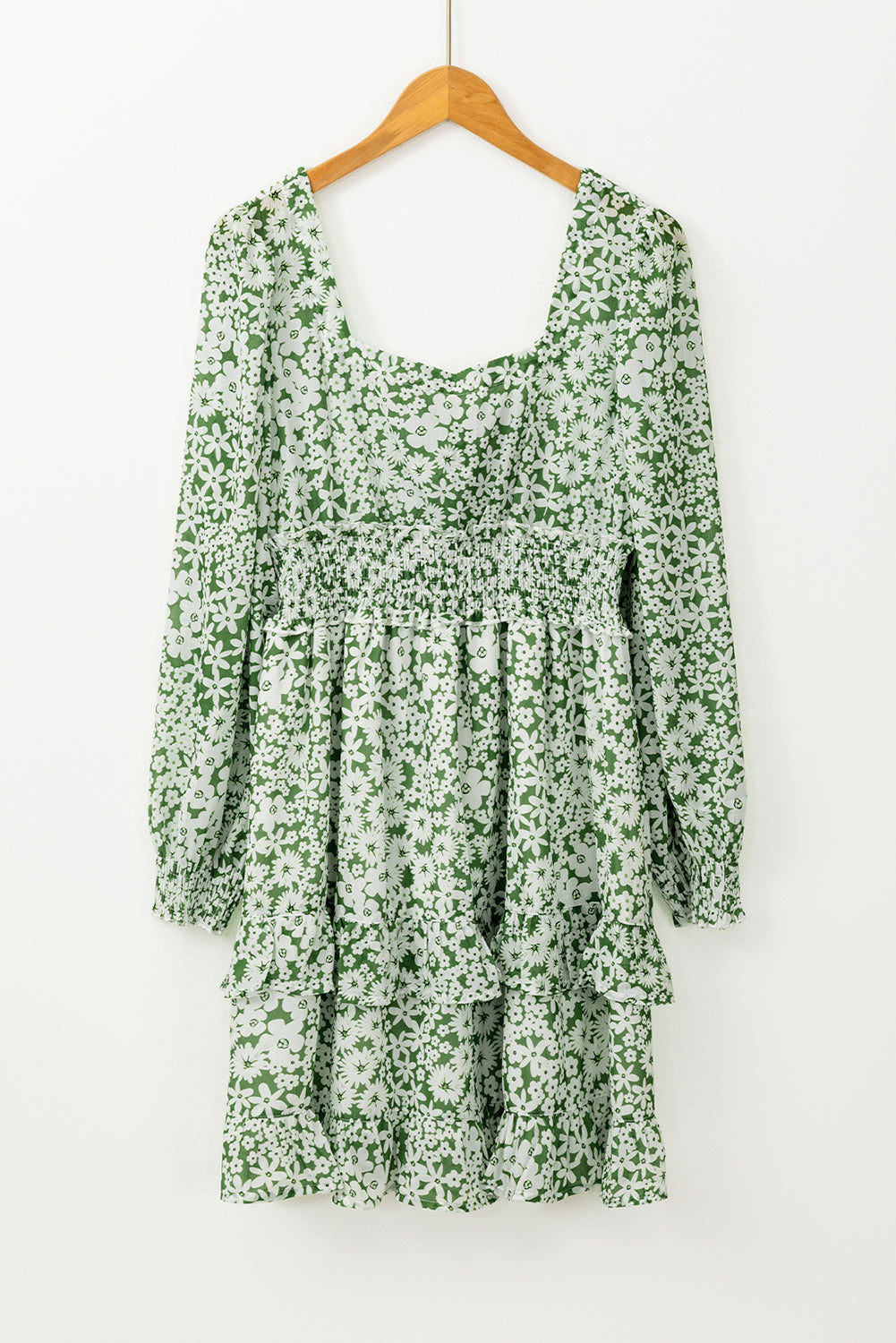 Floral Print Square Neck Ruched Waist Tiered Ruffle Mini Dress Green