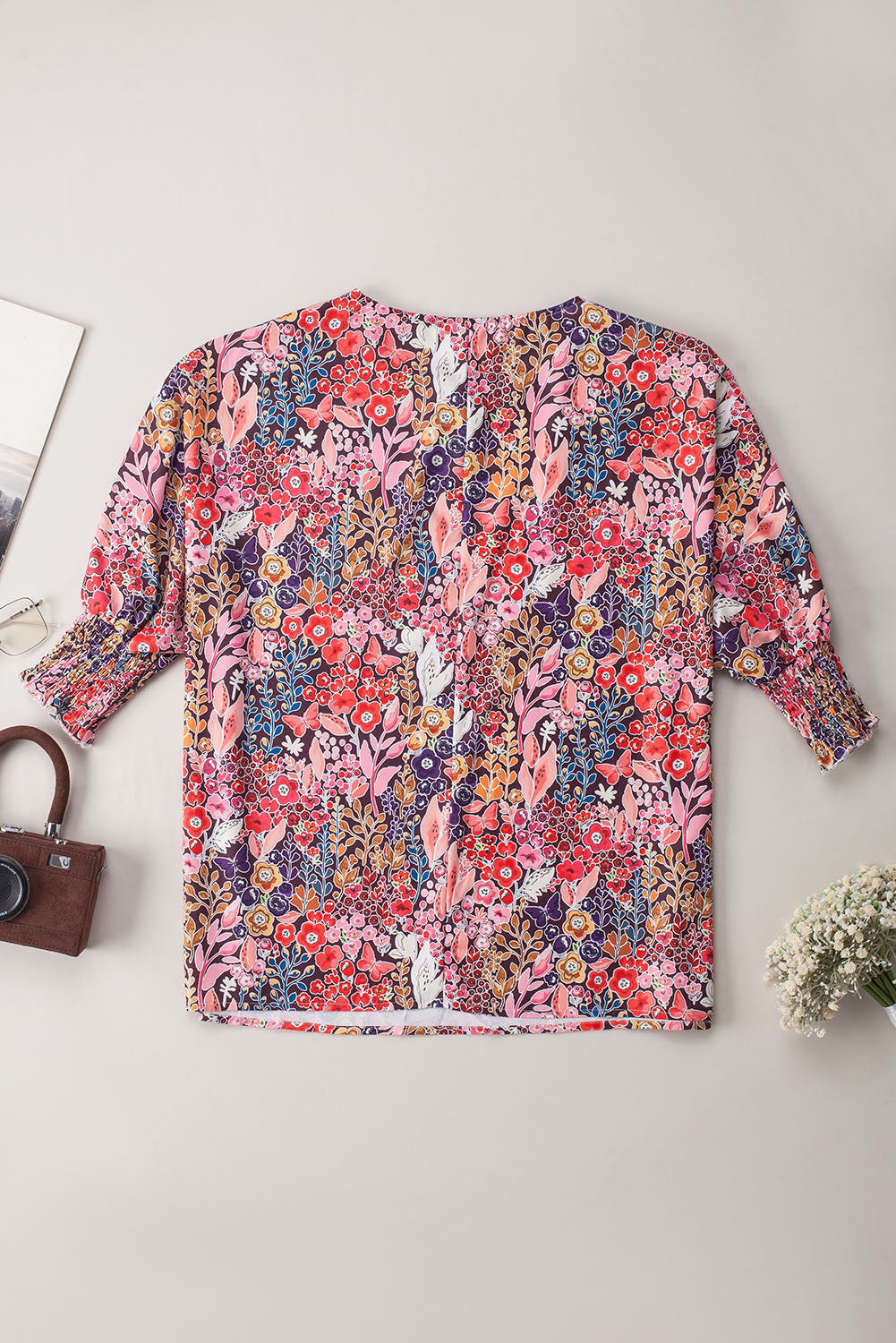 Blouse tunique froncée à manches 3/4 et imprimé floral multicolore-A WOMAN WE LOVE
