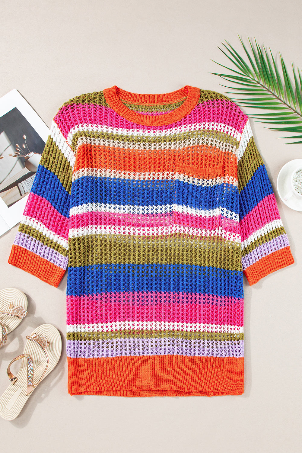 Orange Stripe Colorblock Hollowed Crochet 3/4 Sleeve Sweater