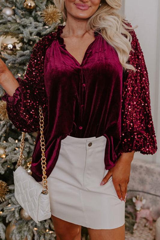 Red Dahlia Sequin Patchwork Sleeve Taste Up Velvet Top