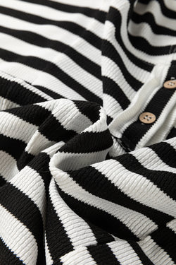 Black and White Oversized Striped Henley Button-Down Dolman Sleeve Hoodie Top