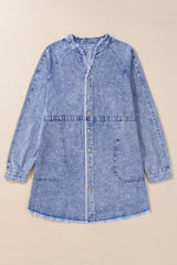Beau Blue Long Sleeve Button Down Raw Hem Denim Dress with Pockets