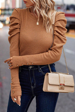 Textured buttoned Gigot sleeve top in solid chestnut