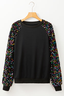 Black crew neck sweatshirt with raglan sleeves with sequins