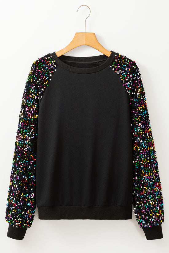 Black crew neck sweatshirt with raglan sleeves with sequins