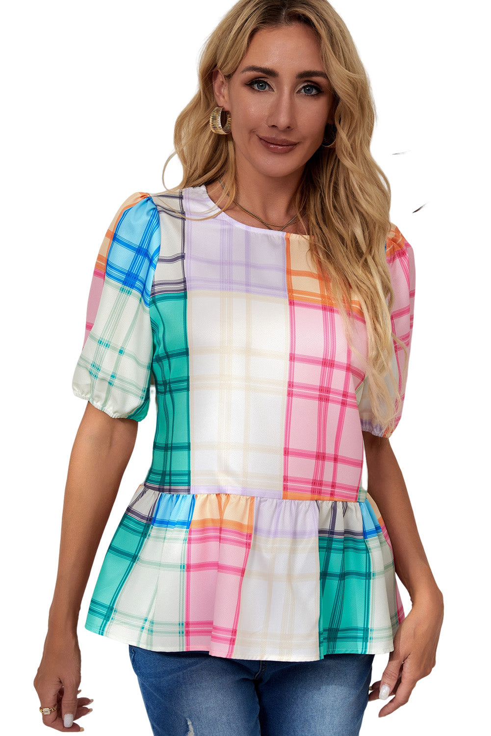 Multicolor Bold Plaid Color Block Puff Sleeve Peplum Top