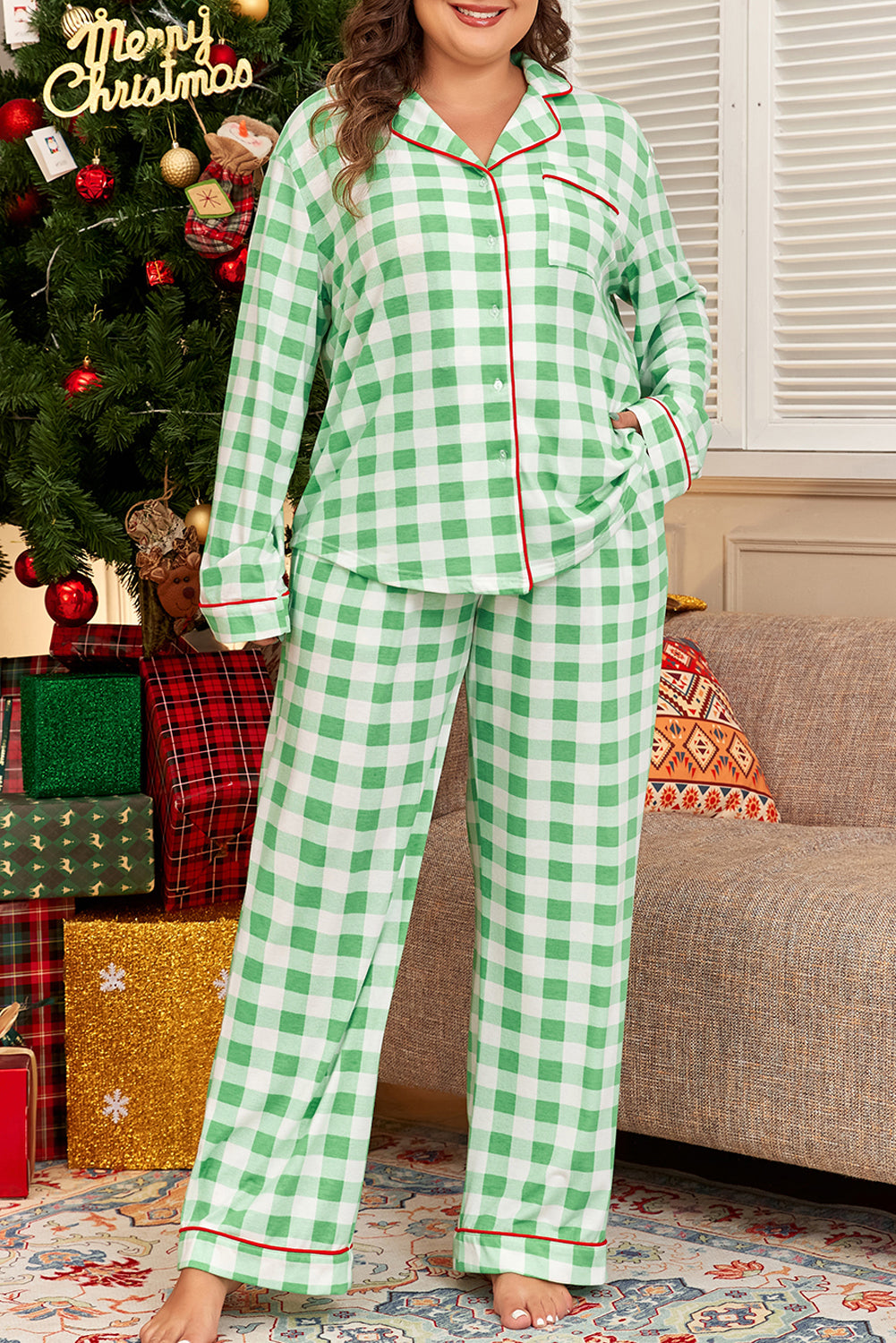 Plus Size Green Long Sleeve Plaid Print Contrast Trim Pajama Set