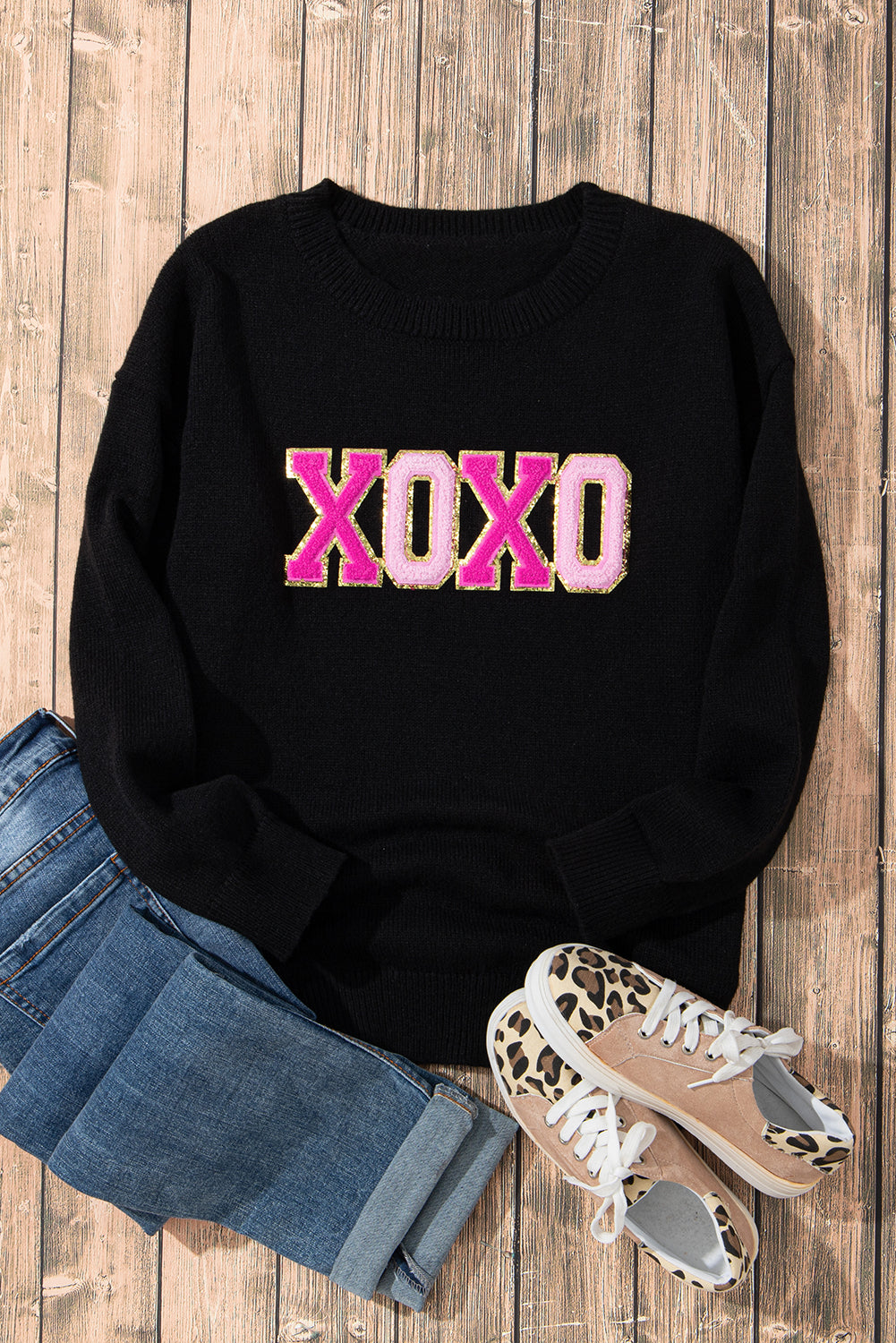 Black xoxo paillette imprimé coul rond pull décontracté