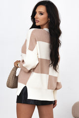 Surprised khaki swollen sweater with side slits and drooping shoulders