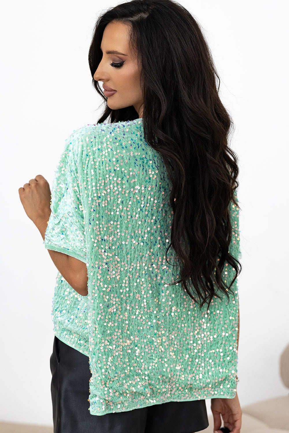 Moonlight Jade Paillistin Batwing Sleeve V Hals Velvet Bluse