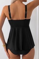 Maillot de bain 2 pièces tankini évasé noir à bretelles spaghetti