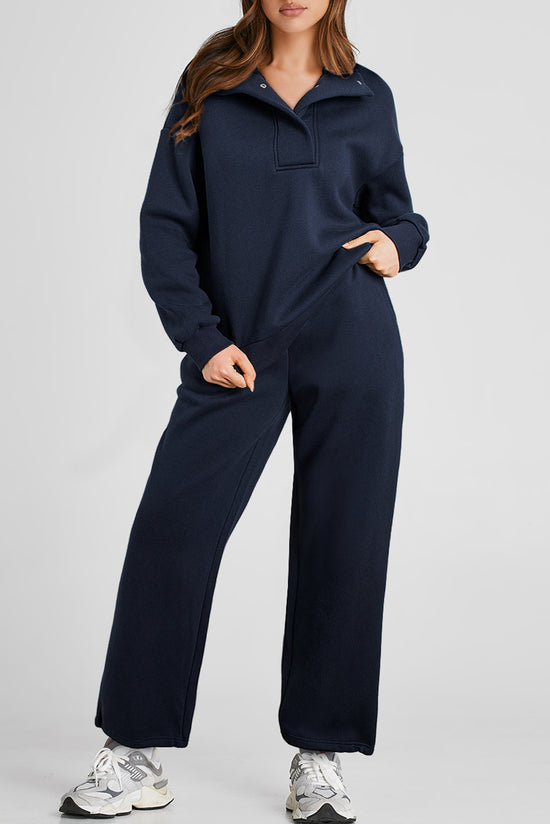 Ensemble sweat-shirt à col de couleur unie et pantalon taille haute bleu marine