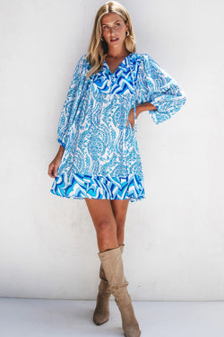 Sky Blue Bohemian Print Tie V-Neck Puff Sleeve Flared Mini Dress