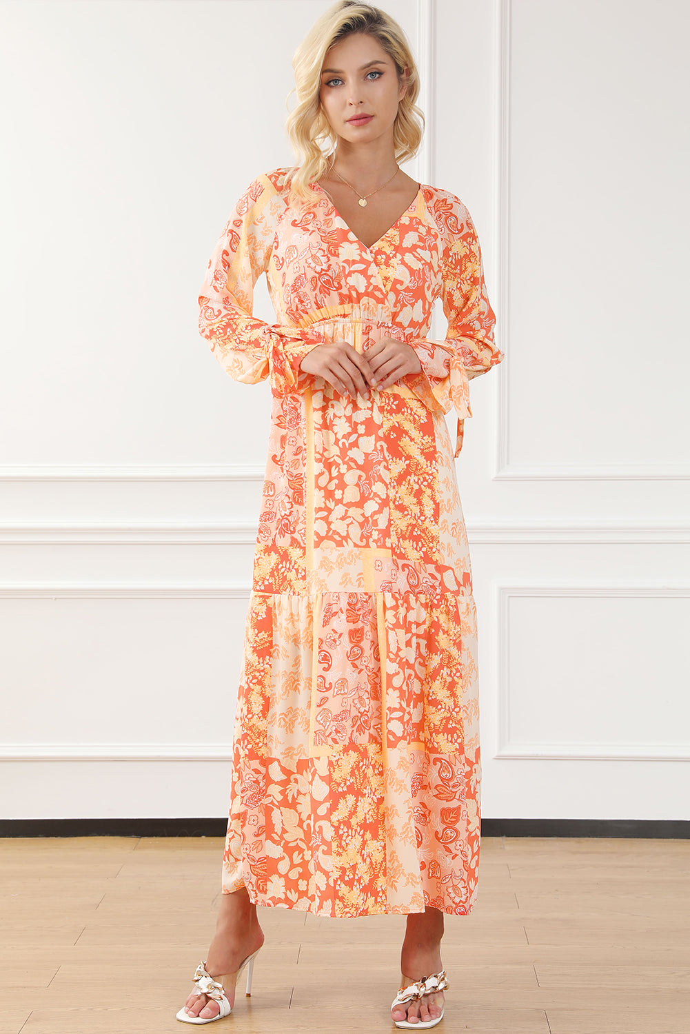 Orange Boho Floral Wrap V Corcha con cuello Vestido de manga larga