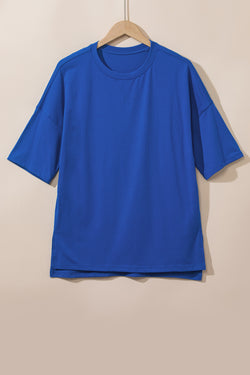 Dark blue long blue with short sleeves and side slot with drooping shoulders