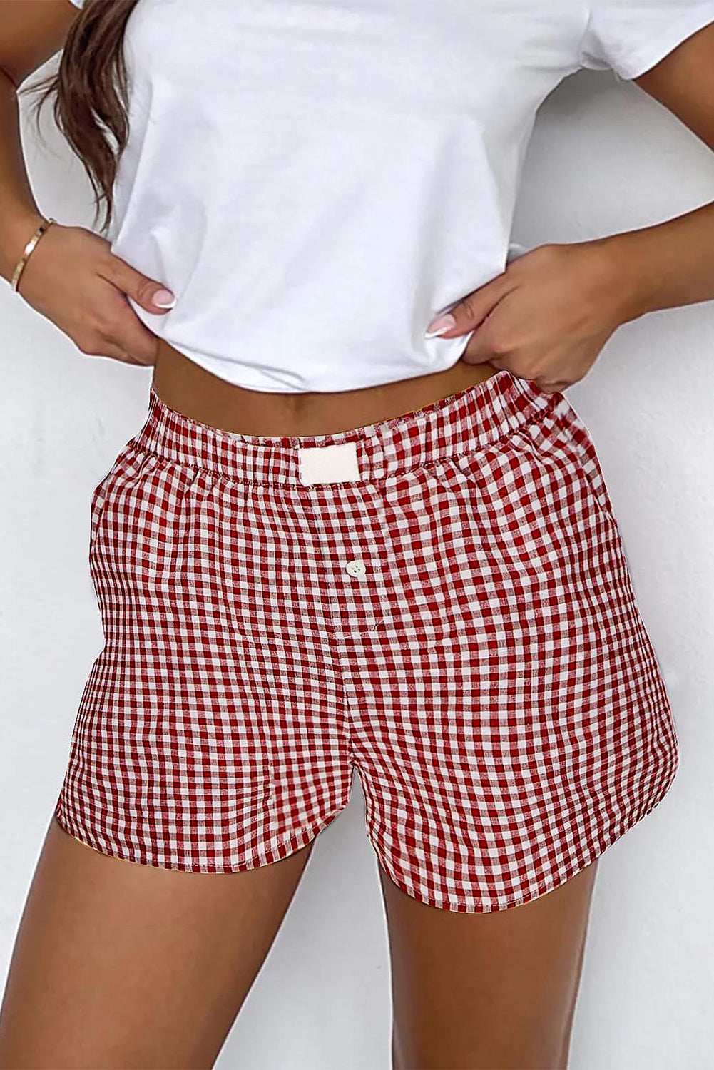 Short taille haute imprimé vichy à carreaux rouge *