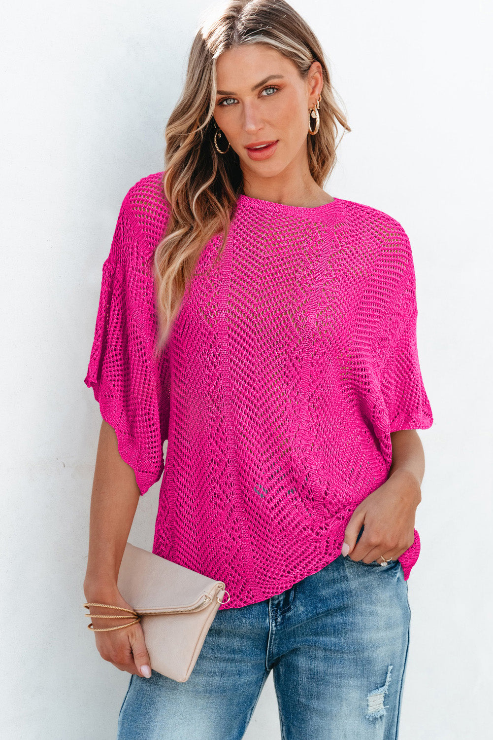 Short -sleeved pink roller -knitting top with scalloped edges