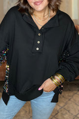 Sudadera Black Henley con lentejuelas y alta y bas