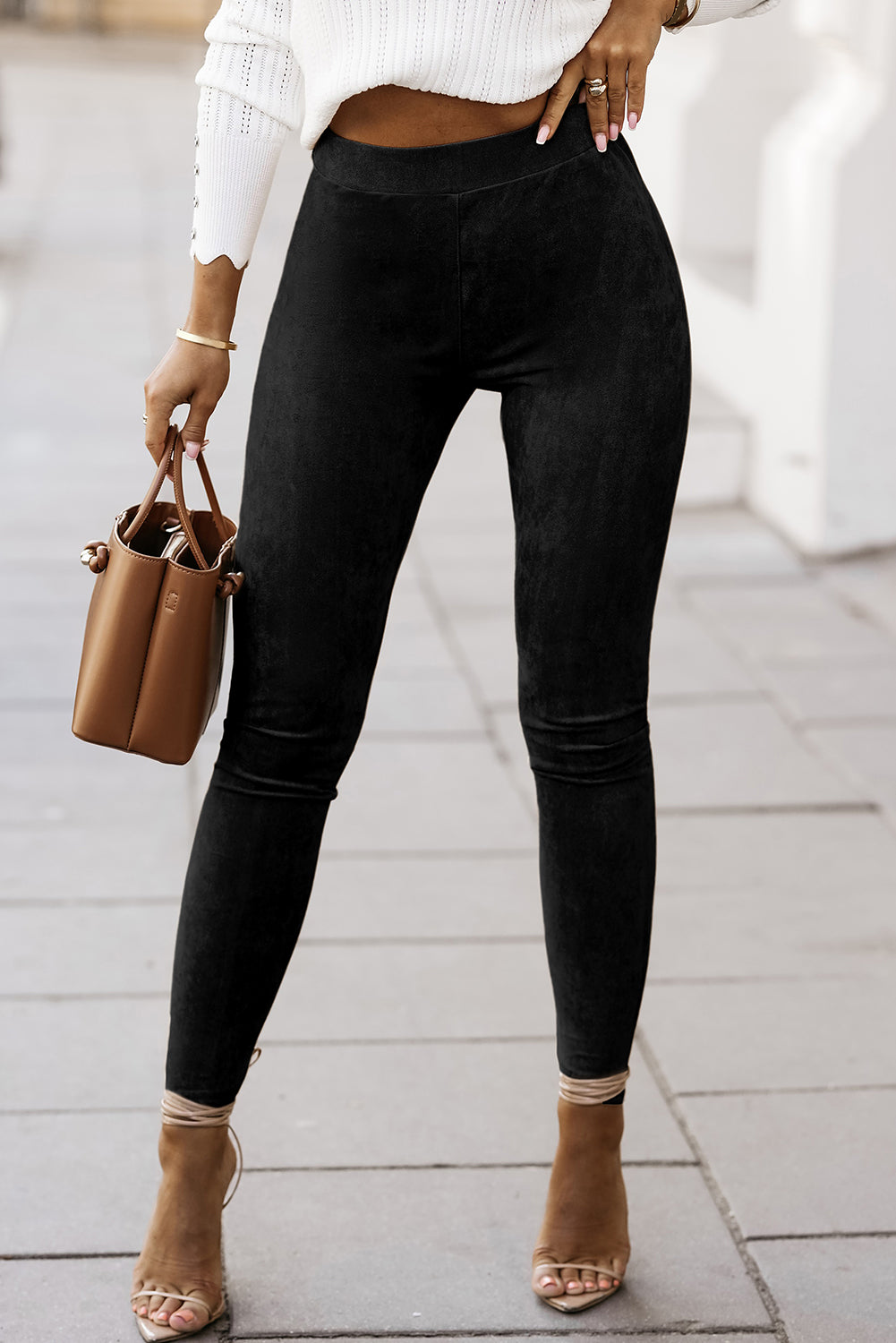 Legging skinny noir taille haute en faux suède