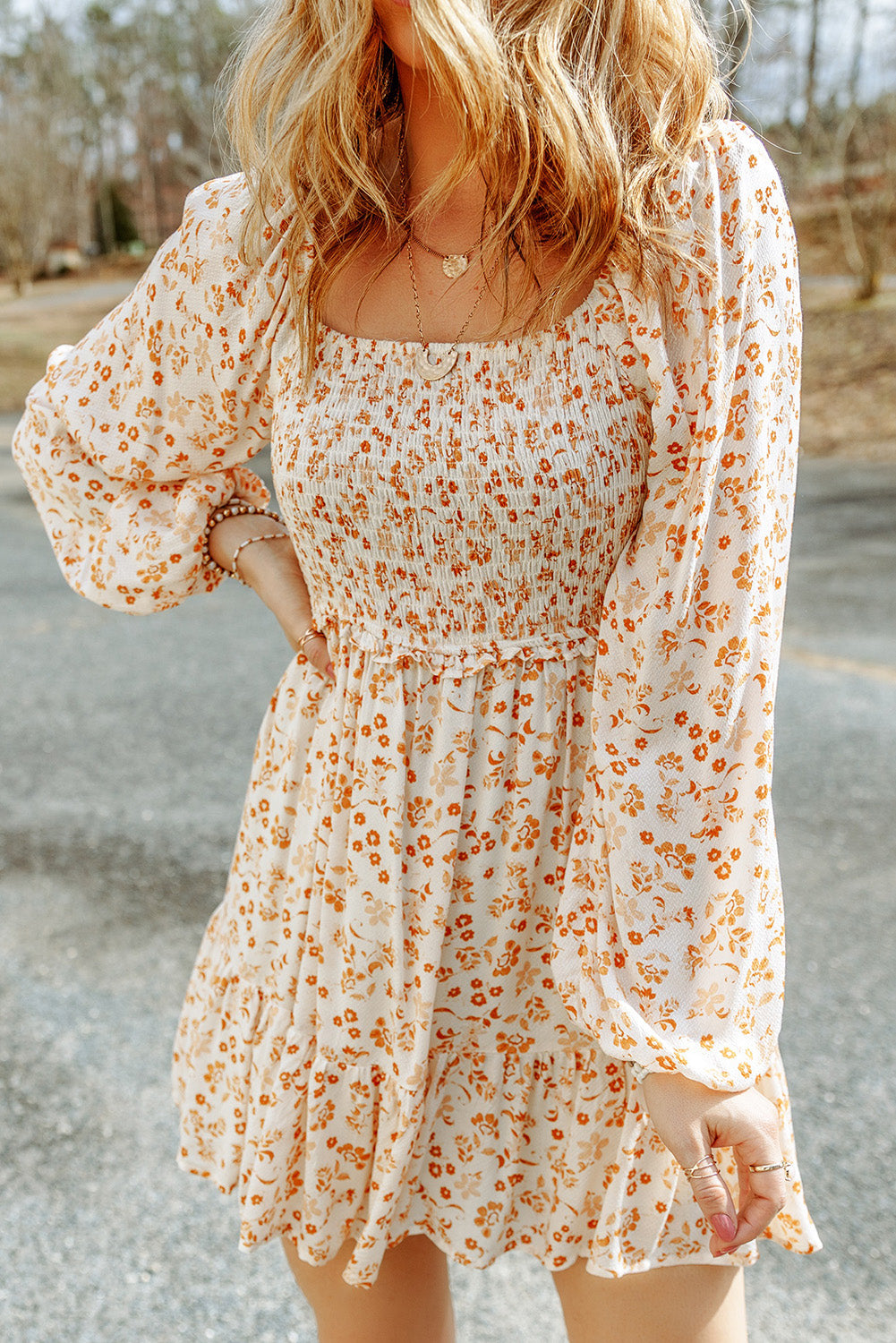 Apricot smocked puff sleeve floral bohemian mini dress