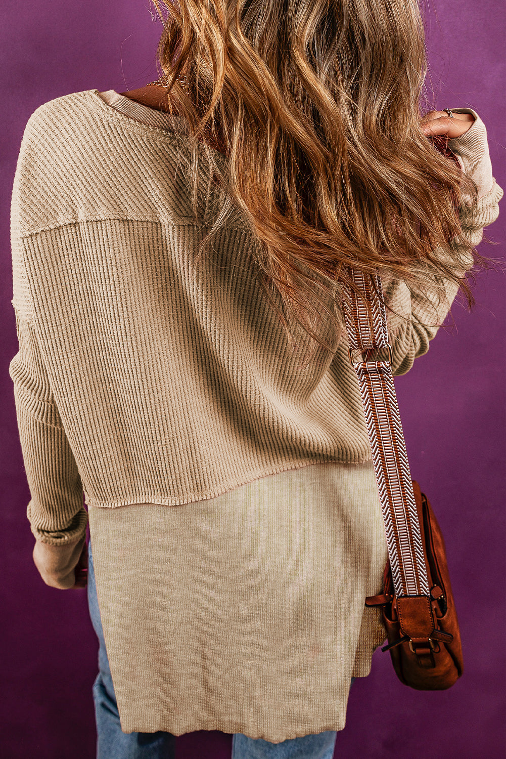 Light French beige waffle knit patchwork top with exposed seams and split collar
