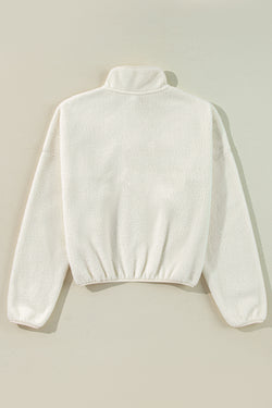 White Sweatshirt with drooping shoulder and folded collar with fleece buttoning leg