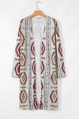 Cardigan long marron imprimé aztèque occidental ouvert sur le devant-A WOMAN WE LOVE